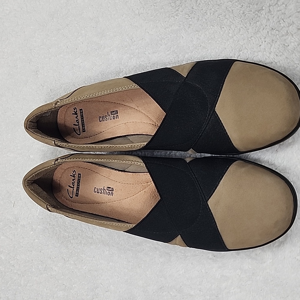 Clarks Medora Suede Jem Cross Strap Tan And Black Slip On Loafer - Picture 2 of 12